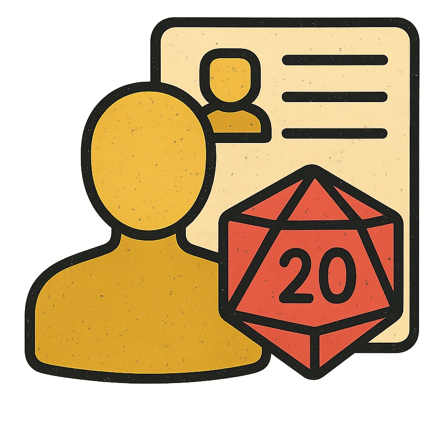 minimalist icon representing Player for DnD TTRPGs with silhouette, D20 dice, or character sheet, worn and distressed look emoji
