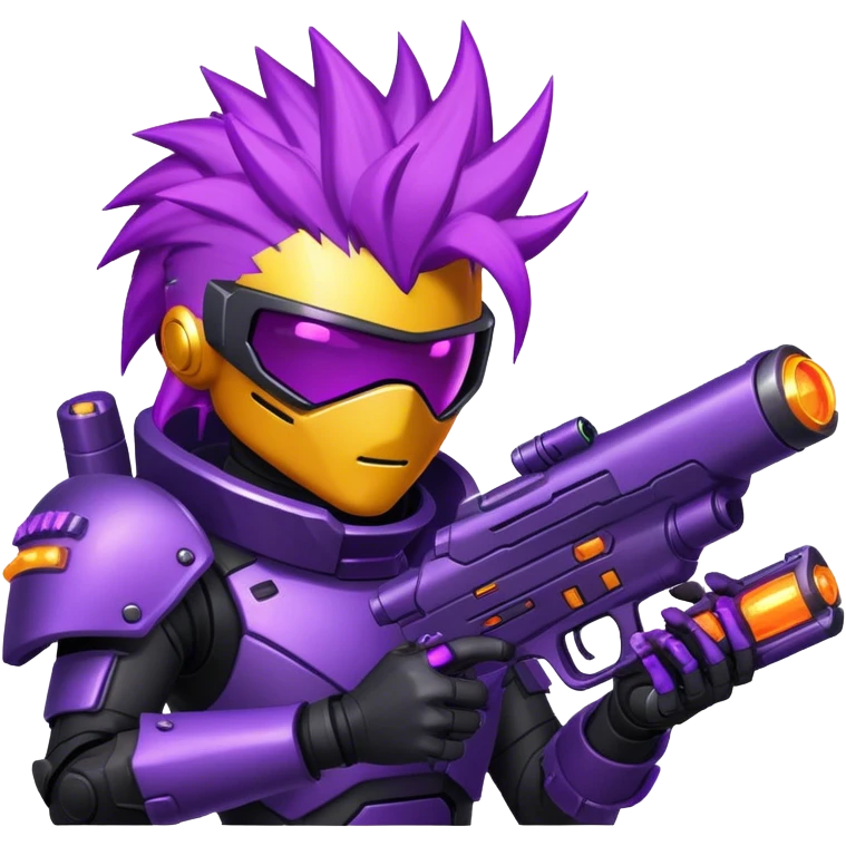 A space bounty hunter with spiky purple hair, black armored suit, and a glowing plasma gun. emoji