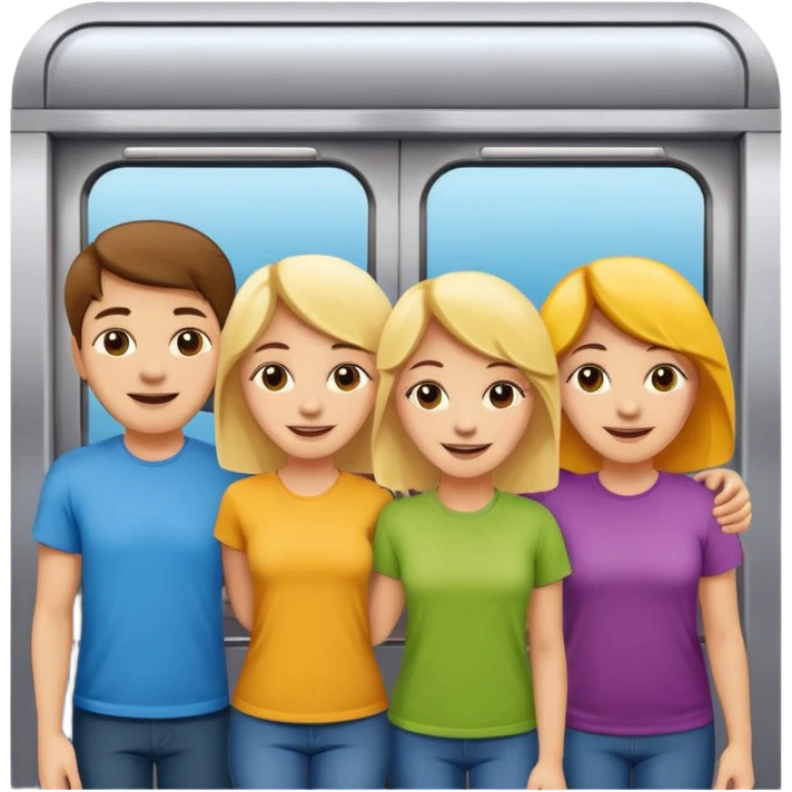 five happy people, mixed genders, friendly and close, inside subway car similar to Apple emoji subway with colorful exterior, wearing t-shirts in various light colors, Apple emoji style emoji