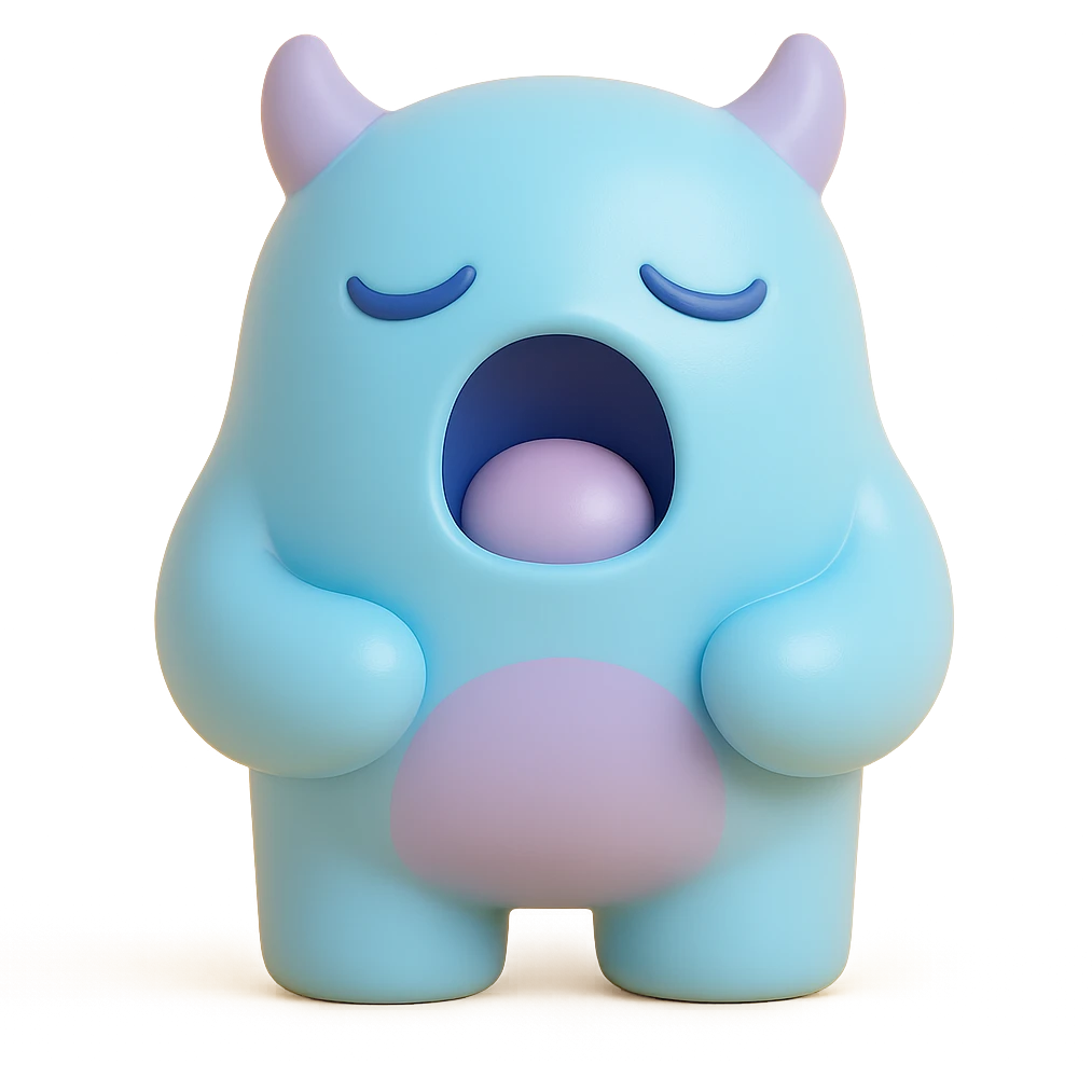 sleepy monster with half-closed eyes yawning, soft blue and lavender colors, toy-like vinyl figure style emoji