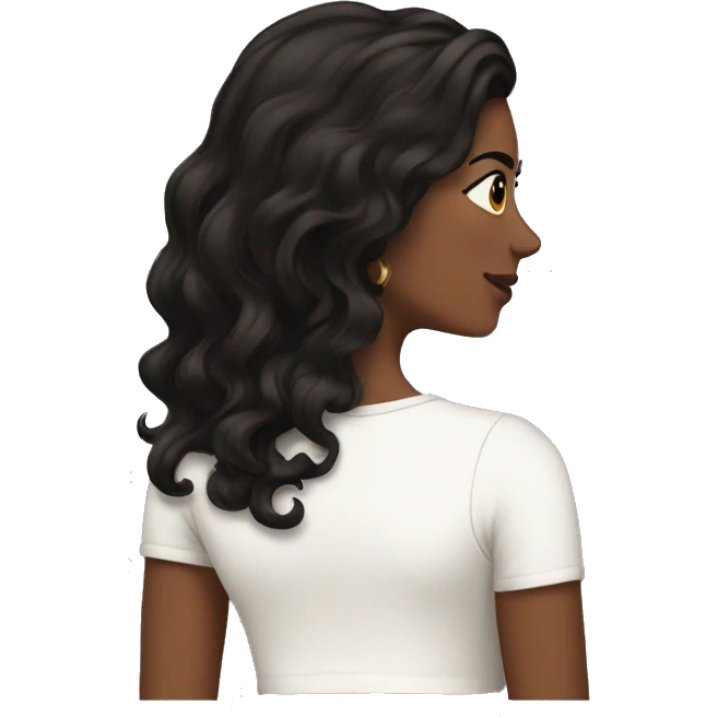 back side of a brown women, with black hair, a white crop top, wavy long hair emoji
