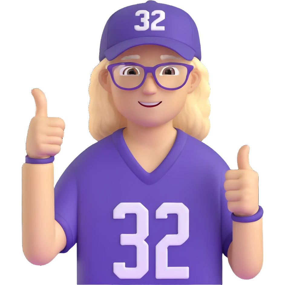 Man with black and white cap, purple sports jersey with number 32, clear glasses, messy light blond mullet hairstyle, thumbs up, content expression emoji