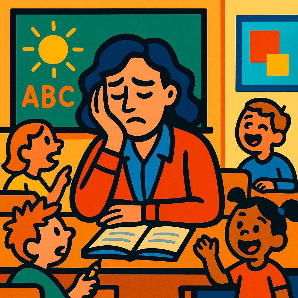 exhausted teacher in a bustling classroom emoji