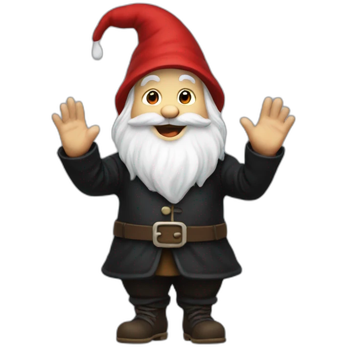 gnome waving hey in black clothing excitedly emoji