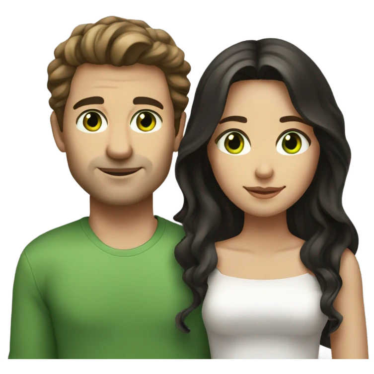 A couple beautiful the man have light brunette hair and green eyes and the girl have dark hair wavy and black eyes emoji