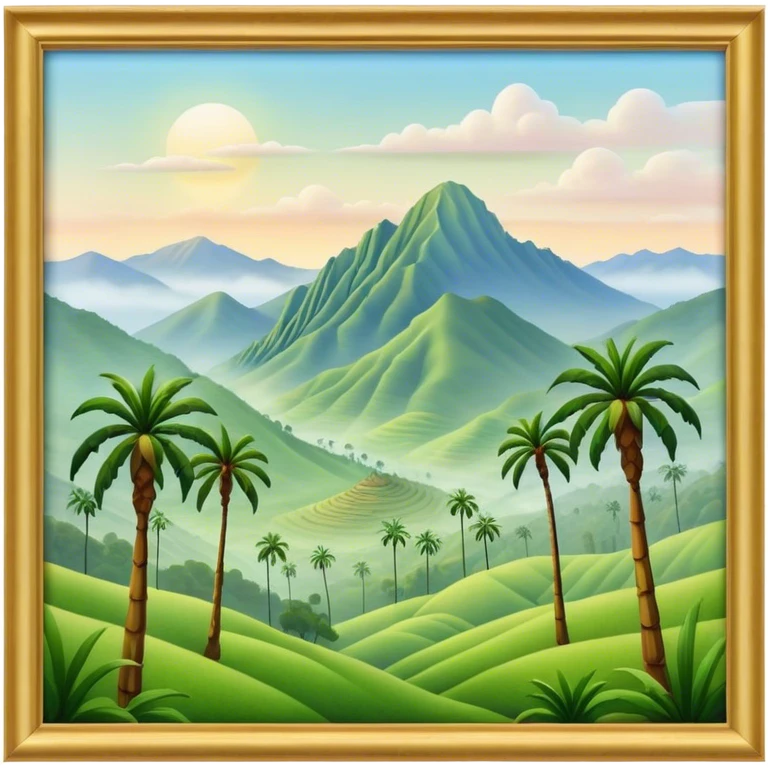 Cinematic Realistic Cocora Valley Landmark Emoji, featuring towering wax palm trees swaying in the misty green valley, with rolling hills and distant mountain peaks bathed in warm morning light. emoji