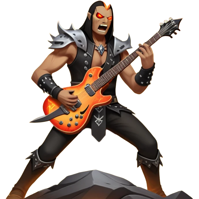An icon showing a rock musician wielding a guitar in an epic battle, inspired by Brutal Legend. The design features fiery backgrounds, musical notes floating in the air, and electrifying stage lights, capturing the power of music and combat. Transparent background highlights the energy. emoji