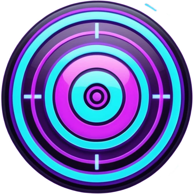 Futuristic glowing bullseye target emoji, neon purple and cyan holographic glow, dark background, digital tech style, abstract sparkles, no face. emoji