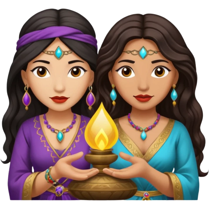 2 women one is an Asian gypsy fortune teller and one is a Latina  emoji