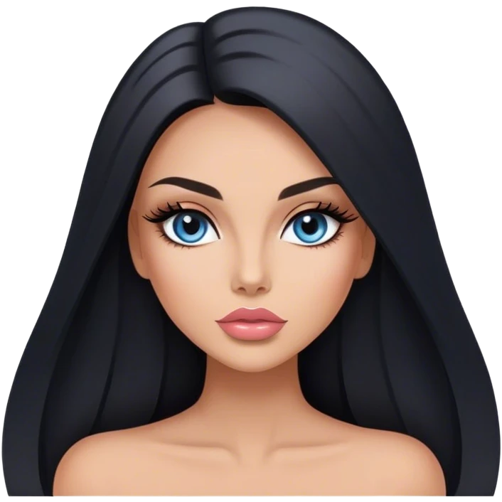 Glamours, tanned, very beautiful girl, with big pump peach-beige-rose lips, long long lashes, black straight smooth silky long hair, straight parting hair, blue-grey eyes in black clothes emoji