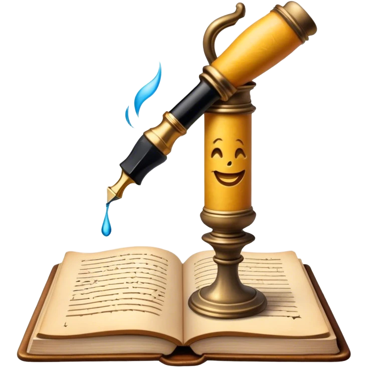 Create a vibrant emoji representing prose writing with an old-style, antique look. The design should include semi-turned pages of an old book with unfinished prose written on them. Add a vintage ink inkwell and a classic fountain pen or quill with black ink. The overall style should evoke a sense of timeless storytelling and literary craftsmanship. Make the background transparent. emoji