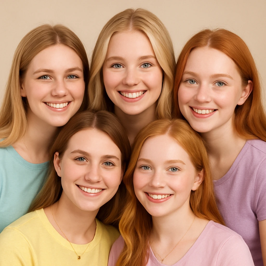 A group of five smiling girls together in a friendly pose, each with unique pastel tops and light gold jewelry. Girl 1 has long straight-wavy light golden-yellow blonde hair, light hazel eyes, pale peach skin, pastel aqua-blue top. Girl 2 has medium-short dark blonde or light brown hair, dark blue eyes, pale peachy-pink skin, pastel banana-yellow top. Girl 3 has long wavy light golden platinum blonde hair, light blue eyes, pale peachy-pink skin, pastel pink top. Girl 4 has long soft strawberry-ginger hair, green-blue eyes, pink pale skin, pastel lilac top. Girl 5 has dark golden blonde or light brown hair, dark soft green eyes, pale skin, pastel lime-mint green top. emoji