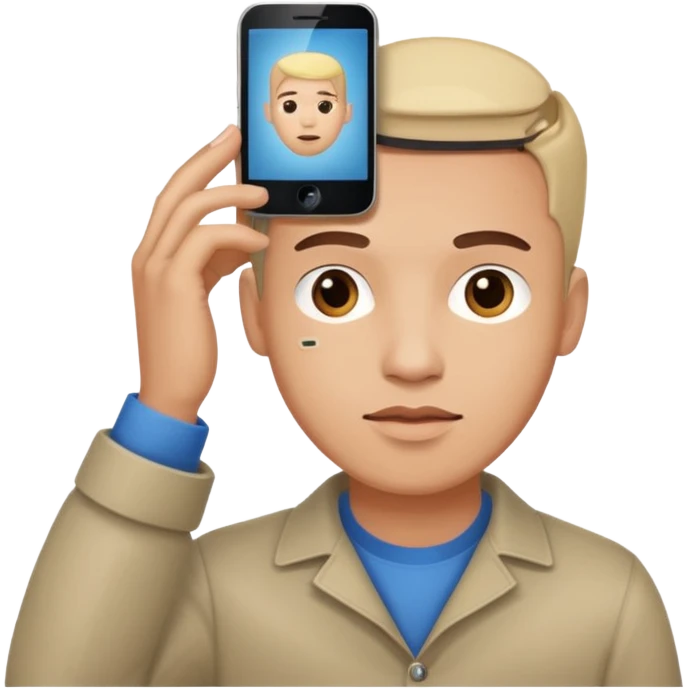 a guy holding a phone horizontally on his forehead like it was a card emoji
