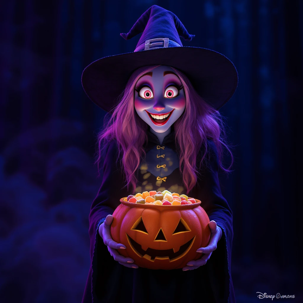 Cinematic still, Disney style, Happy witch holding pumpkin bowl full of candies, triadal character placement, dark blue color background, back light, Film inspired by Hotel Transylvania, purple light emoji