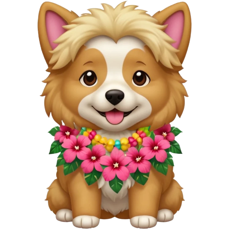 A fluffy dog wearing a bright hibiscus lei, wagging happily. emoji