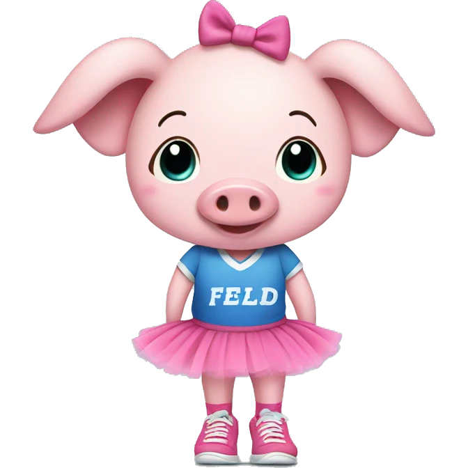 Female pig wearing pink socks with sneakers. She has a tutu on. And a blue shirt that says Field Day emoji