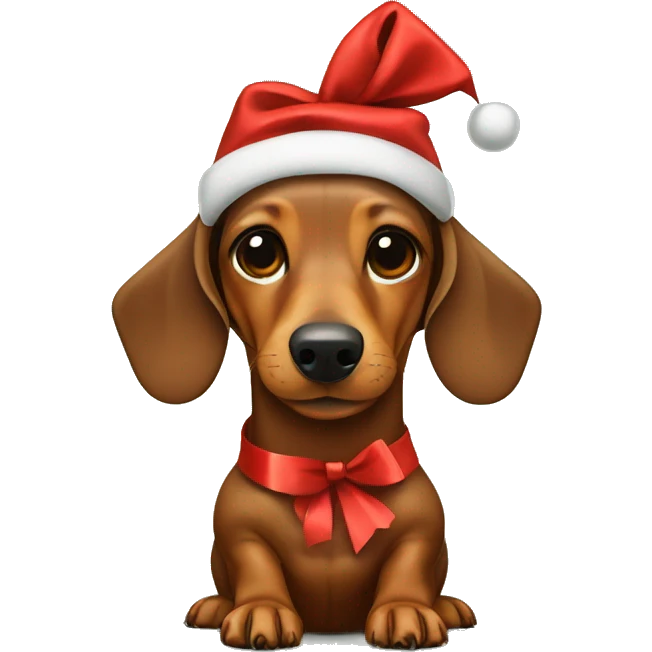 Brown Dachshund wrapped in holiday paper with red bow on head emoji