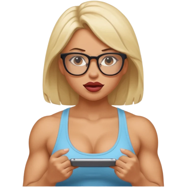 Girl, glasses, biting lips, muscular, pulling off tank top, big naked tits emoji