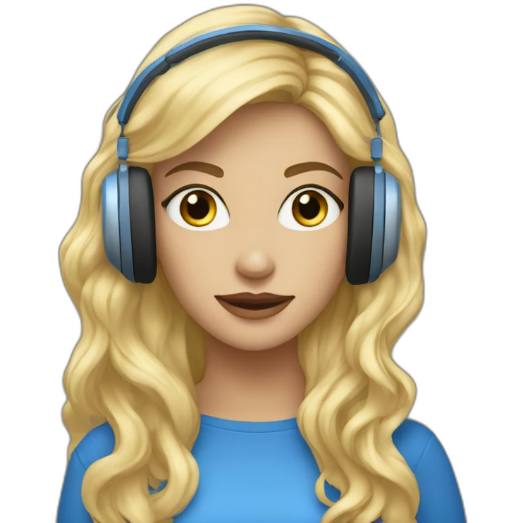 Femme, yeux bleus, cheveux longs et blonds, avec un casque musique emoji