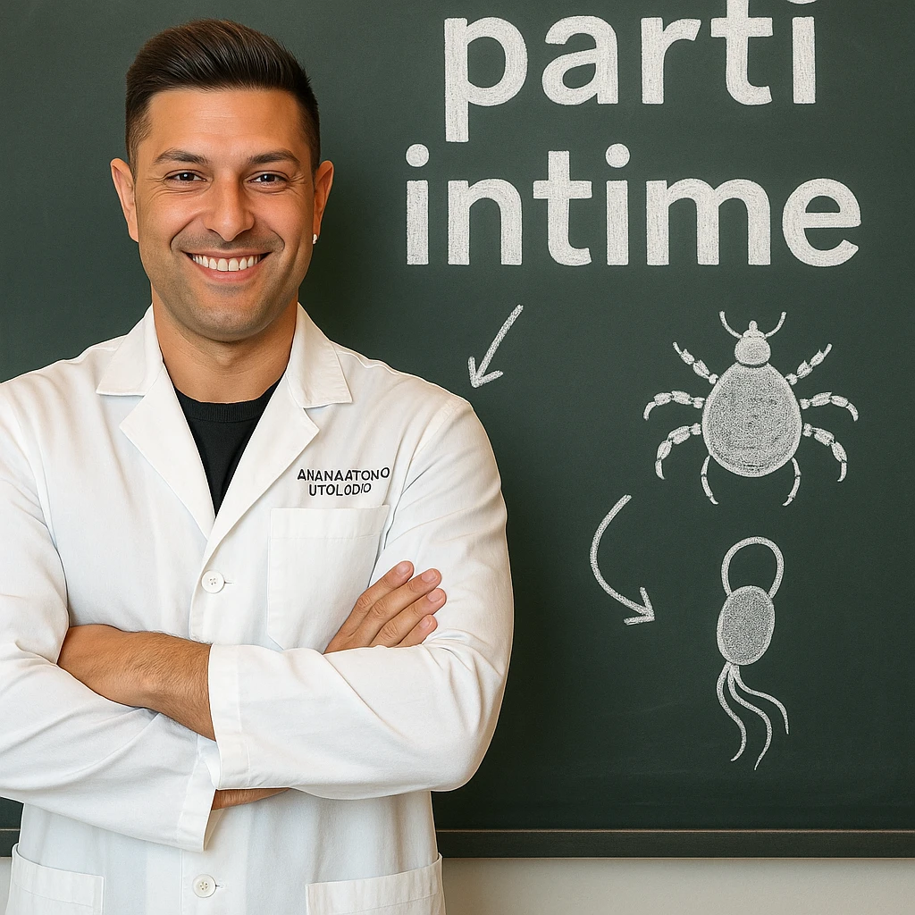 Regenerate the scene with the blackboard behind the doctor. The text 'parti intime' should be very large, centered, and clearly readable, with arrows or stylized drawings pointing to the parasites. Ensure the text is fully visible and not cut off. Keep the doctor's face similar to the person in the photo, maintaining a realistic, educational, and respectful style. emoji