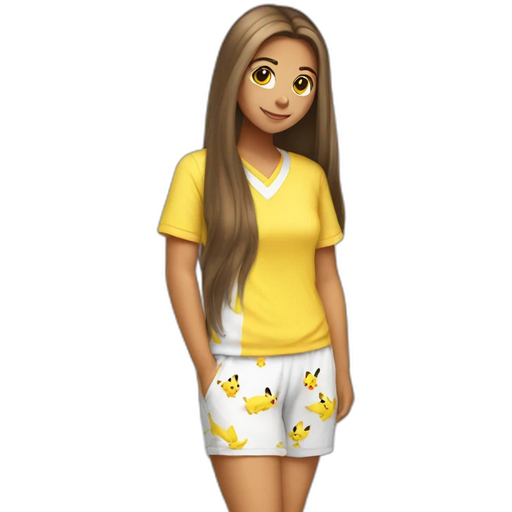 Brown straight long hair white woman wearing pikachu pyjama emoji