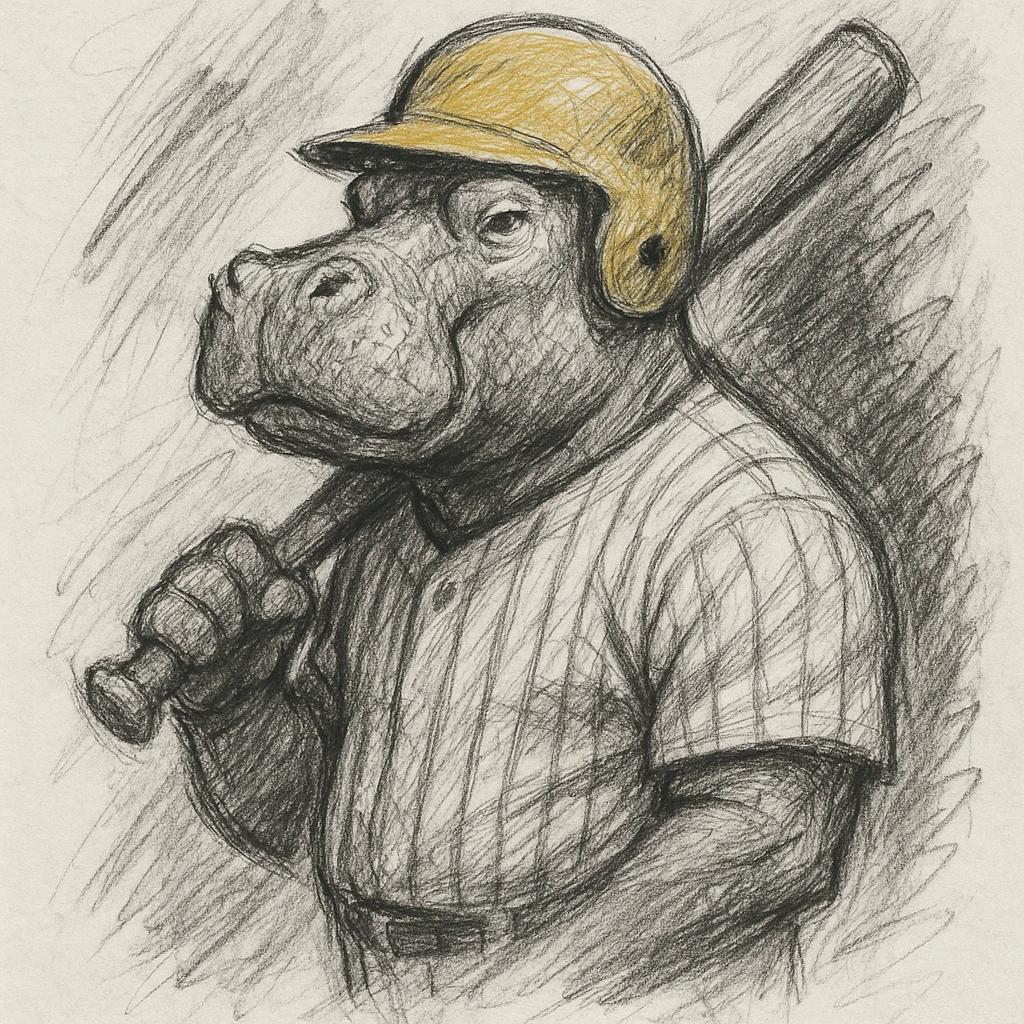 hippo holding a baseball bat, wearing a yellow helmet, pinstripes outfit emoji