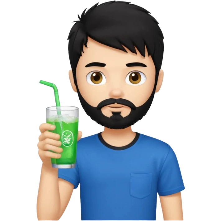 generate a pretty bratz boy with a messy black hair, drinking sprite, bearded, blue tshirt emoji