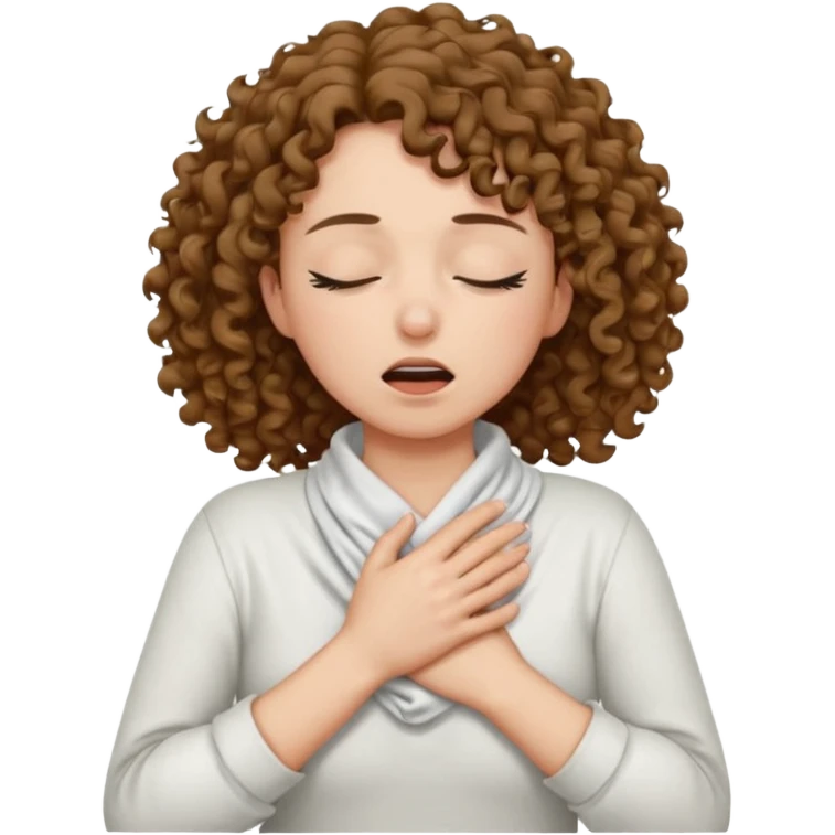 make a choking emoji with both hands wrapped around the neck and eyes closed make the skin tone white and shirt brunette curly hair emoji