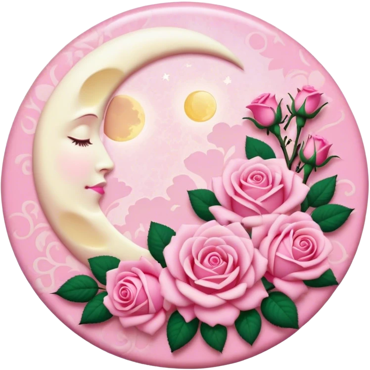 A round pink button with a light cream full damask moon and pink roses in the center emoji