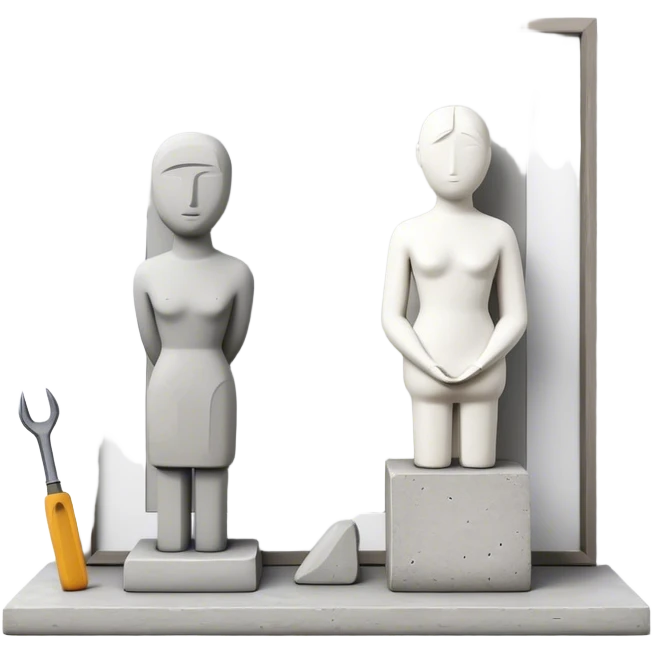Plaster sculpture and concrete sculpture, small and large, standing side by side, simple and textured, sculpting tools nearby, minimalistic, on a white background, no extra details. emoji