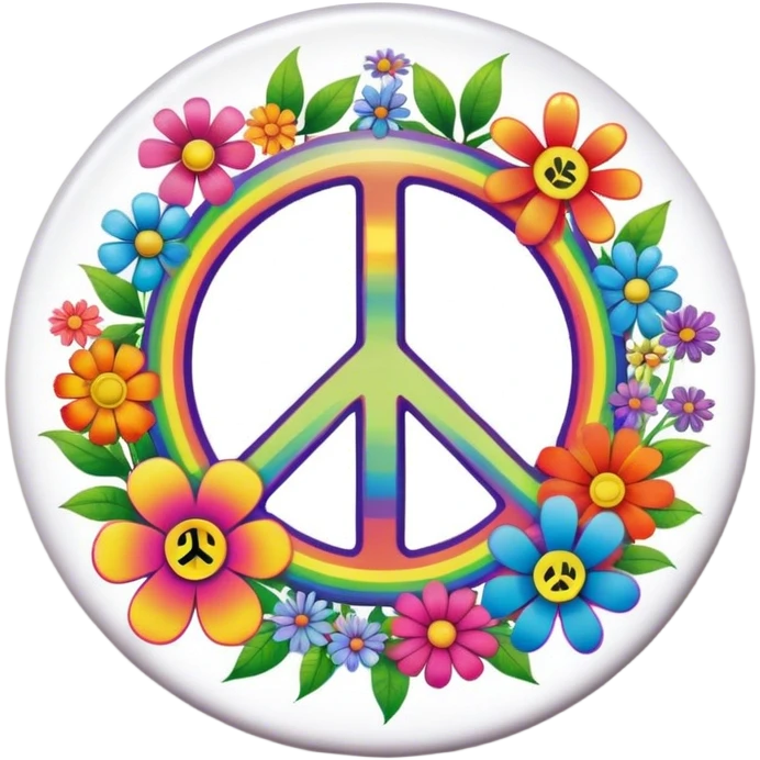 A round psychedelic colored button with the word Peace in the center surrounded by rainbow colored hippie style flowers emoji