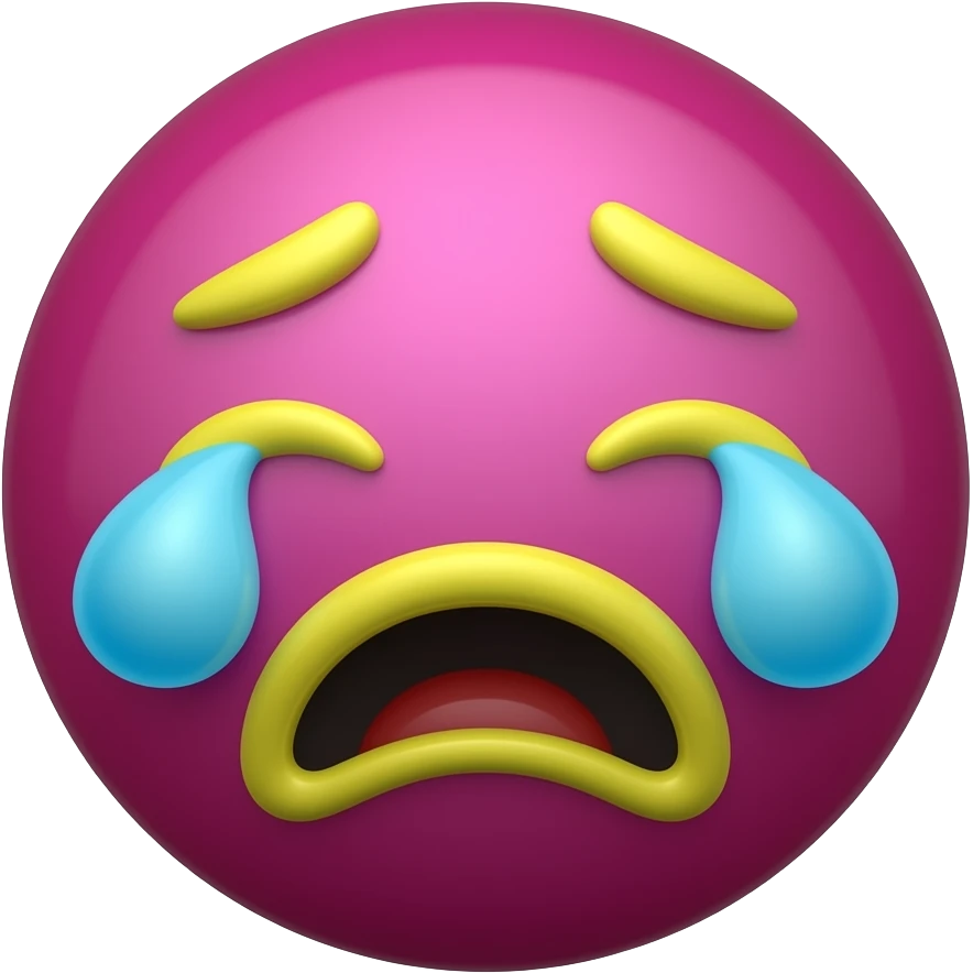 Glossy 3D rendered crying laughing emoji, front-facing, slightly rounded edges, highly saturated deep magenta (#B4018C) face, vivid neon yellow (#FFF200) tears and accents, no muted tones, soft shading, white background emoji