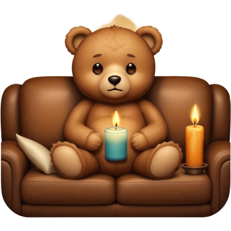 Cozy teddy bear watching tv on couch with candles on emoji