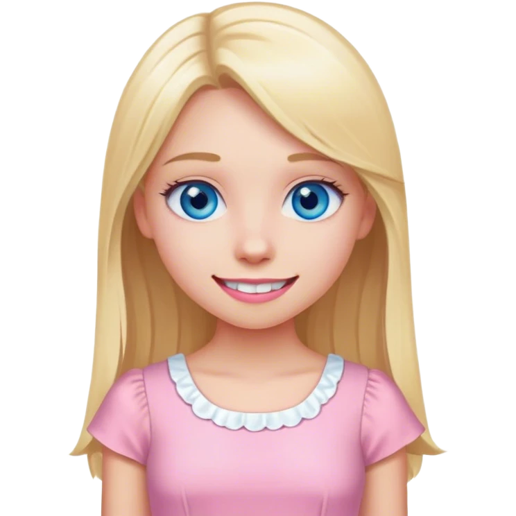 blonde girl with blue eyes with straight hair white teeth and a cute pink dress emoji
