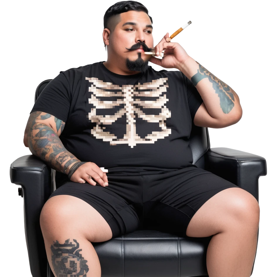 Large man reclining in chair, legs spread, smoking a cigarette, round face, very short black hair, beard and mustache, light skin, black t-shirt with light stripes at top riding up to show belly, black shorts, arms covered in black graphic tattoo patterns emoji