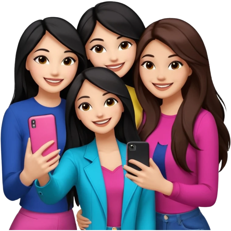 3 girl friends, one with black long hair light skin. one with brown hair long and the last girl one with black with brown medium length hair. Glammed up and hugging  and one talking a selfie and all of them smiling and looking girly all same skin tone  emoji