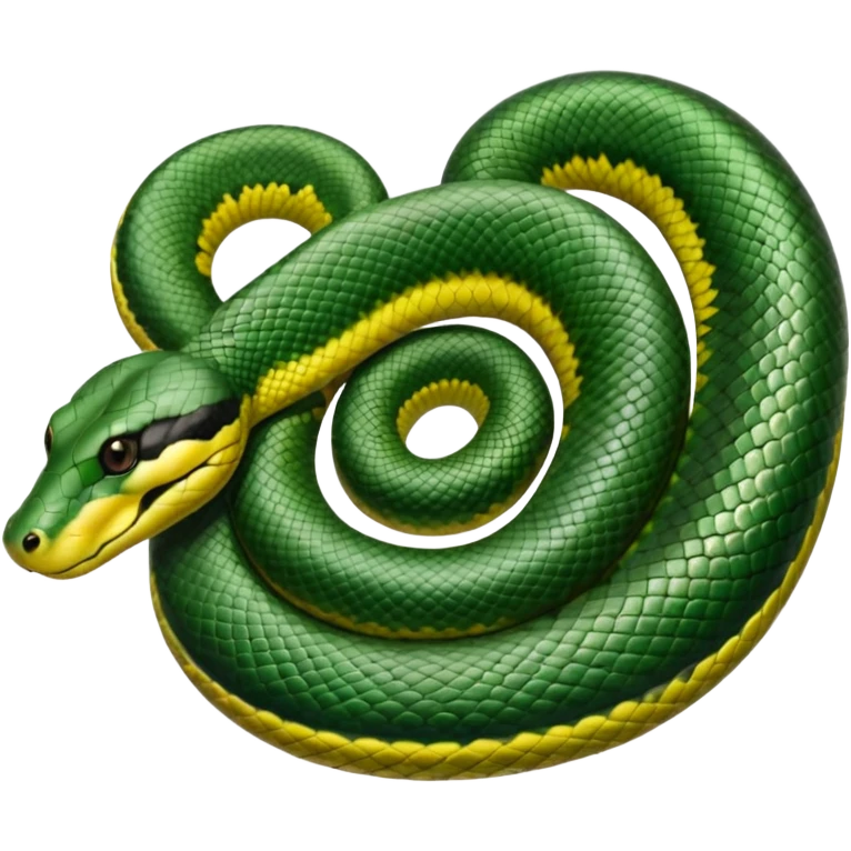 A photo-realistic top-down view of a Green Anaconda tightly coiled in a spiral, with its broad, flat head resting at the center. Its olive-green body is thick and muscular, patterned with symmetrical, bold black oval spots that flow along its smooth, glossy scales. emoji