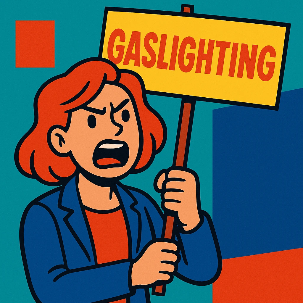 cartoon style woman holding a 'Gaslighting' sign, bold colors, expressive face emoji