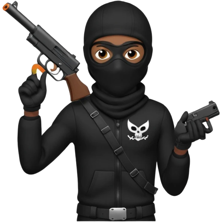 A young African male wearing a ski mask in full black clothing, holding a micro Draco gun in the air carelessly emoji