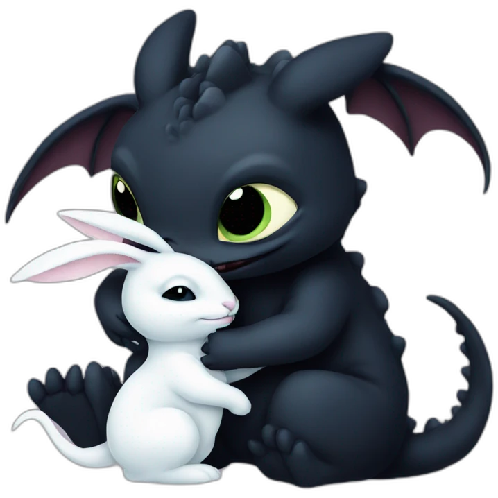 Toothless the dragon hugging a white bunny emoji