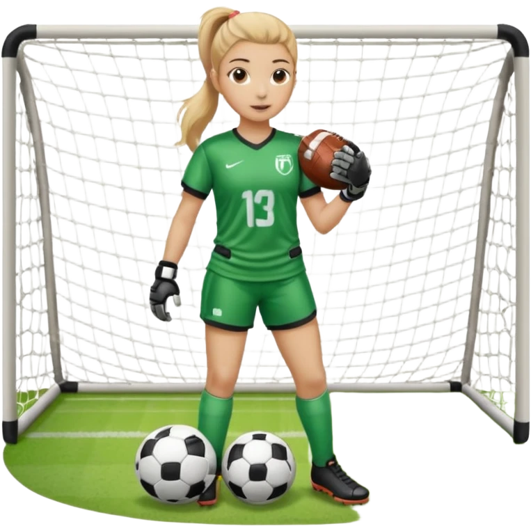 Make a dirty blonde football goalkeeper with goalkeeper gloves on holding a football. The girl is light skinned and wearing a football kit and football shoes. Standing in front of football goal. Wearing a ponytail with the dirty blonde hair emoji