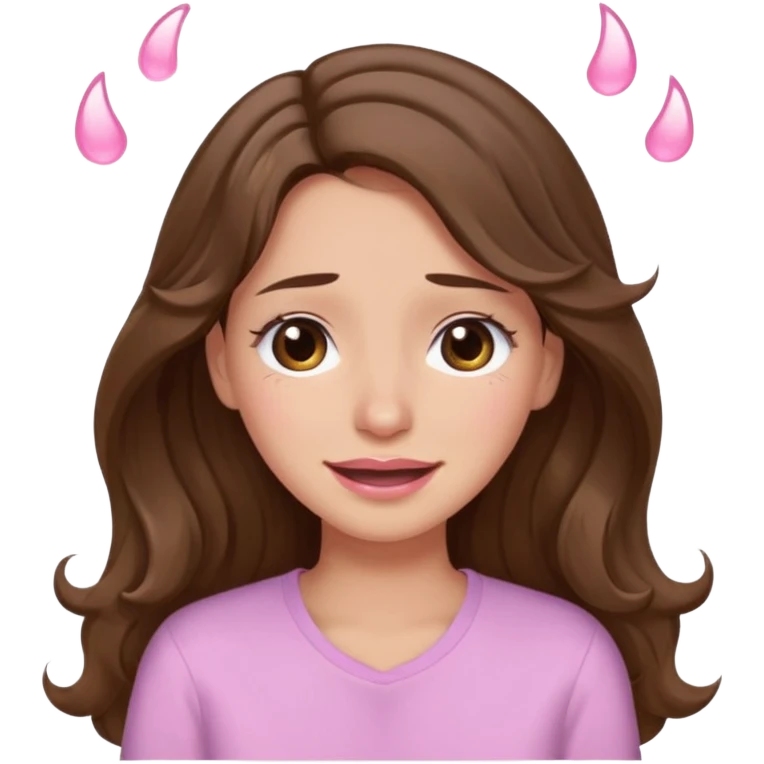 girl with wavy long brown hair, brown eyes, light to medium complexion, long lashes, light pink lipstick, wearing light pink shirt, smiling, crying big tears emoji