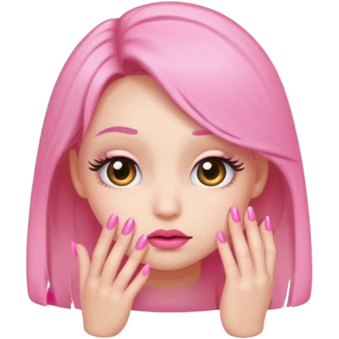 Shy emoji with long lashes, pouty lips, and pink nails on a black background, cute aesthetic emoji