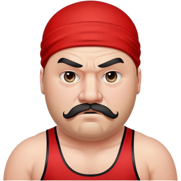Close-up of very fat white skin guy with young face, beard and mustache, no muscle with prominent black durag, black eyes in a red and black wrestling singlet with angry face emoji