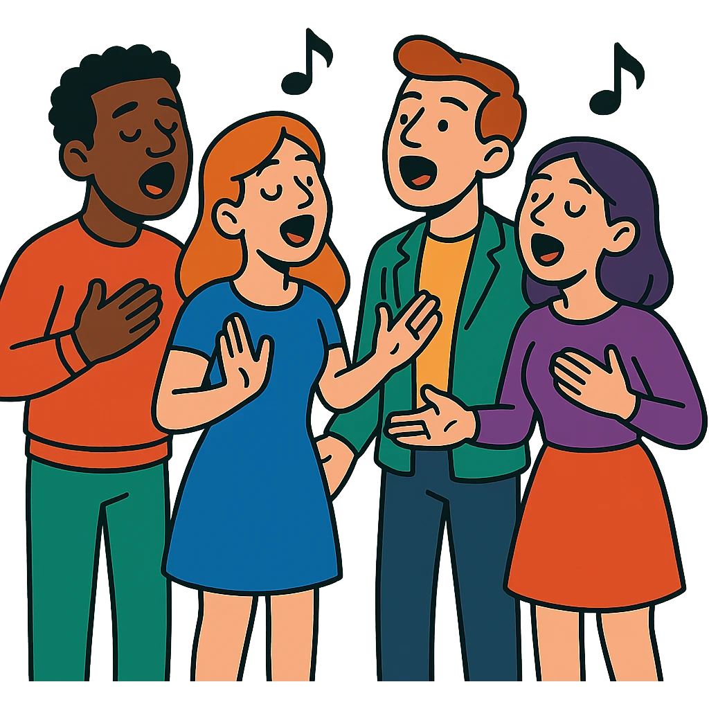 acappella group singing together, cartoon style, vibrant toon style emoji