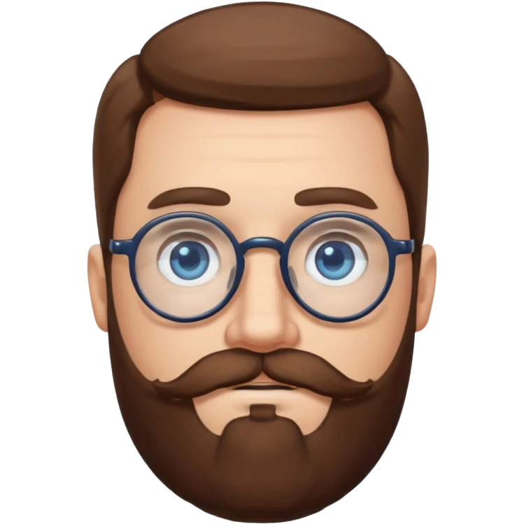 White man with blue eyes, long brown hair, large round glasses, mustache and beard emoji
