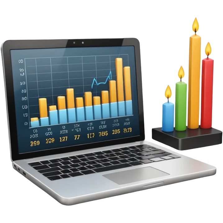 Minimal 3D emoji style laptop with stock market chart on screen, candlestick chart and small line graph, financial trading interface, neutral colors, professional look, clean shading, no bright colors, no brand logos, isolated on transparent background, modern emoji design emoji