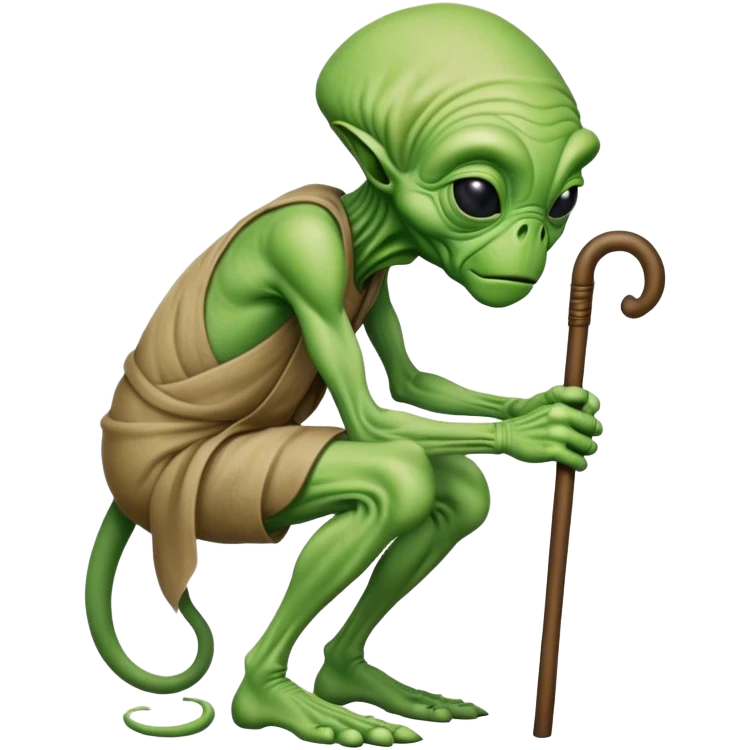 Green Alien looks like an old man hunched over using a cane emoji