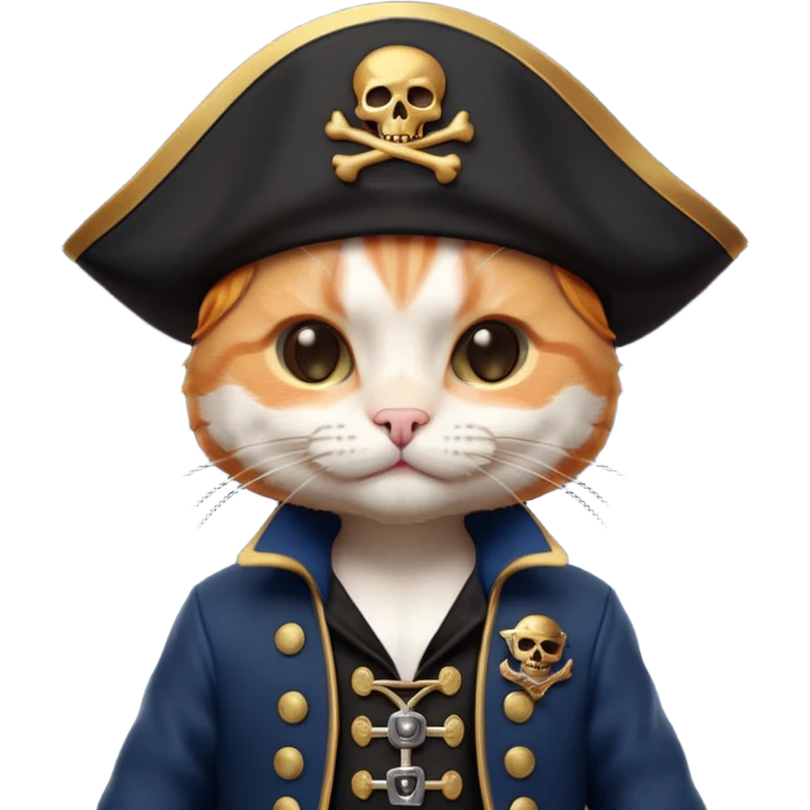 Premium 3D emoji icon of a cute ginger cat pirate, wearing a **deep navy blue** velvet pirate hat with a silver skull icon, and a black and gold captain's jacket. Glossy finish, claymorphism style, soft studio lighting, isolated on white background, 8k resolution, stylized professional look --v 6.0 emoji