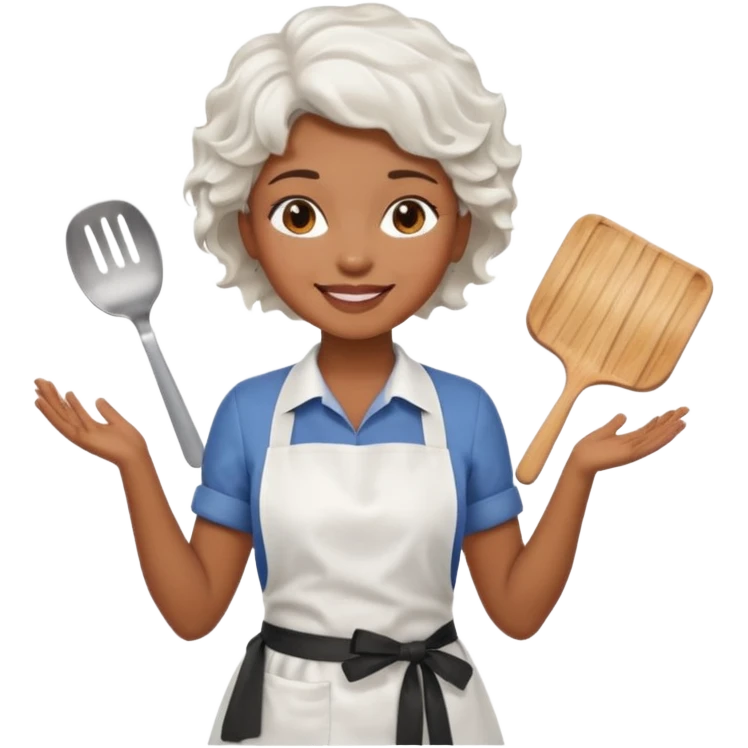 woman, brown skin, white short wavy hair, with apron emoji